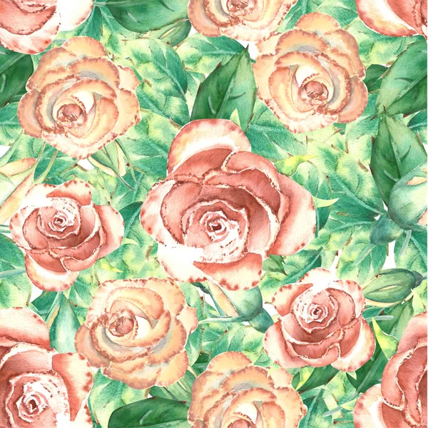 Бесшовный Рисунок Персиковыми Розами Персиковые Розы Зеленые Листья Открытые Закрытые — стоковое фото
