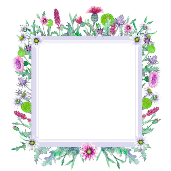 Romantic Wreath Think Happy Business Card Templates Wildflowers Watercolor Square — Stock Photo, Image