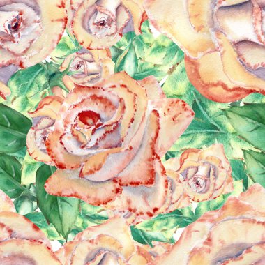 Şeftali gülleriyle kusursuz desen. Şeftali gülleri, yeşil yapraklar, açık ve kapalı çiçekler. Suluboya çizimi.