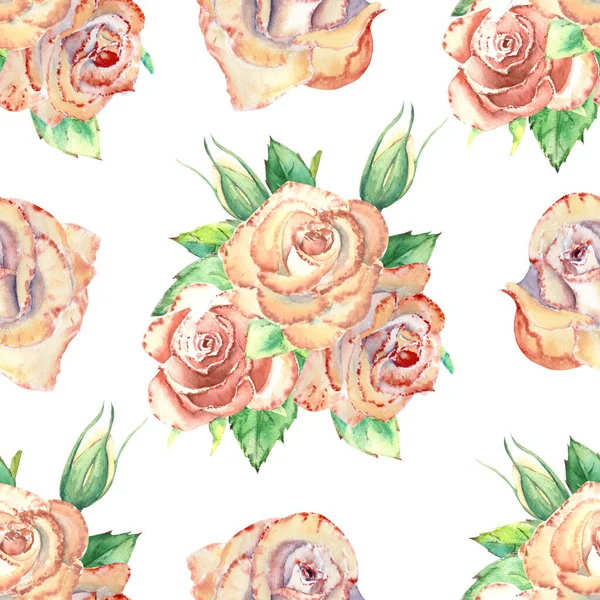 Seamless pattern with peach roses. Peach roses, green leaves, open and closed flowers. Watercolor illustration.