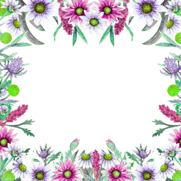 Uma Grinalda Romântica Pensa Feliz Modelos Cartões Visita Flores Silvestres — Fotografia de Stock