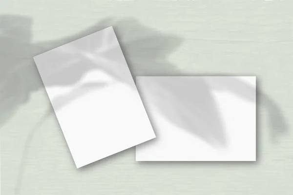 Lap Fehér Texturált Papír Szürke Falnak Támasztva Mockup Növényi Árnyalatokkal — Stock Fotó