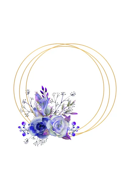 青いバラ 装飾的な小枝を持つフレーム 花と結婚式の概念 グリーティングカードや招待状の青トーンの水彩構成 — ストック写真