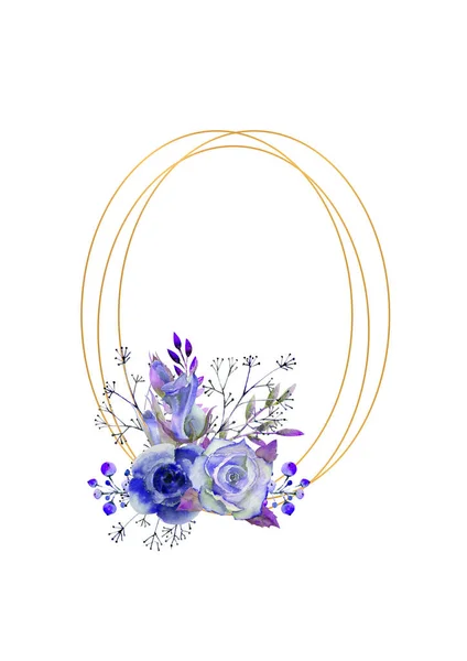 蓝色玫瑰 装饰小枝的框架 结婚的概念与花 贺卡或邀请函用蓝色调的水彩画 — 图库照片