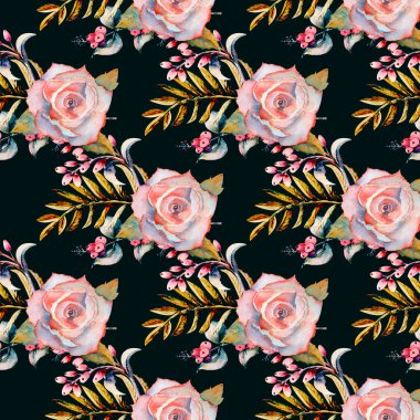 Kusursuz desen. Çiçek dalları. Gül çiçeği, yapraklar, böğürtlen. Çiçekli düğün konsepti. Çiçekli poster, davetiye. Tebrik kartı veya davet tasarımı için suluboya kompozisyonları