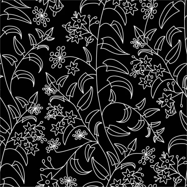 Floral Διακοσμητικό Μοτίβο Νυχτοσκιά Απρόσκοπτη Μοτίβο Του Λευκού Περιγράμματος Μαύρο — Διανυσματικό Αρχείο