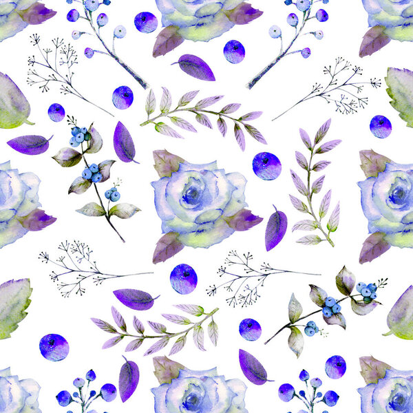 Seamless pattern. Set of flower branches. Blue rose flower, green leaves, red. Floral poster, invitation. Watercolor arrangements for greeting card or invitation design