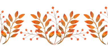 Sonbahar yaprakları, dut. Yaz yatay sınırını tekrarlıyorum. Çiçek suluboya. Tebrik kartları veya davetiyeler için kompozisyonlar. Suluboya Çizimi.