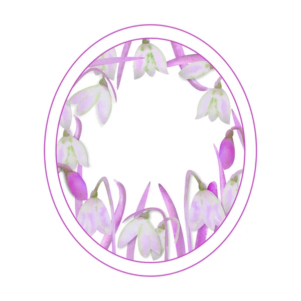 Romantic Oval Frame Snowdrops Inner Edge White Isolated Background Watercolor — Stock Photo, Image