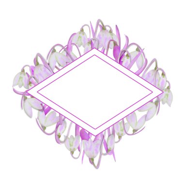 Romantik elmas şekilli çerçeve beyaz izole edilmiş arka planda dış kenarlarında kar damlaları var. Leylak tonlarında suluboya illüstrasyon