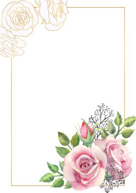 Pembe güller, yeşil yapraklar, altın renkli geometrik çerçeveli böğürtlenler. Çiçekli düğün konsepti. Tebrik kartları veya davetiyelerin dekorasyonu için suluboya kompozisyonları