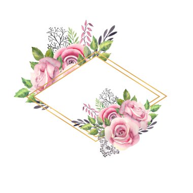 Pembe güller, yeşil yapraklar, altın renkli geometrik çerçeveli böğürtlenler. Çiçekli düğün konsepti. Tebrik kartları veya davetiyelerin dekorasyonu için suluboya kompozisyonları