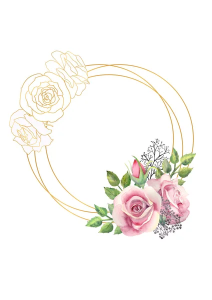 Růžové květy růží, zelené listy, bobule ve zlatém geometrickém rámu. Svatební koncept s květinami. Akvarelové kompozice pro dekoraci blahopřání nebo pozvánek — Stock fotografie