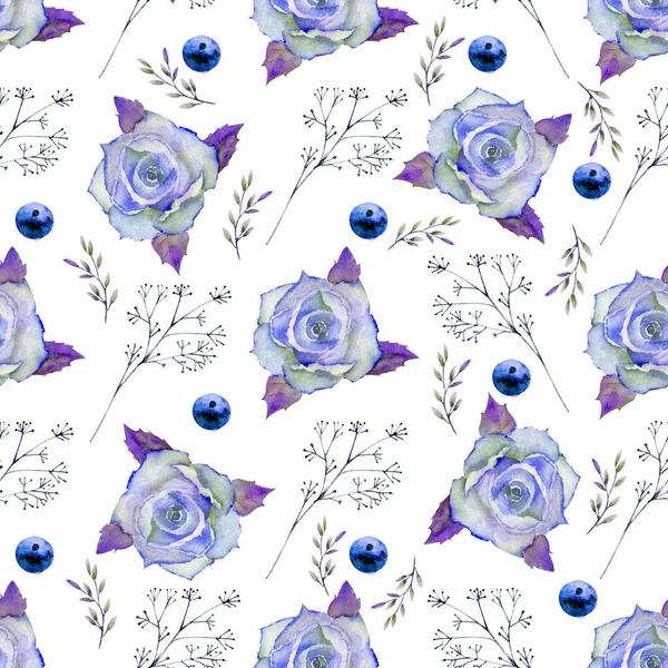 Seamless Pattern Set Flower Branches Blue Rose Flower Green Leaves — Stock Photo, Image