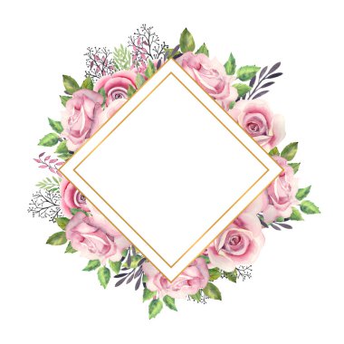 Pembe güller, yeşil yapraklar, altın renkli geometrik çerçeveli böğürtlenler. Çiçekli düğün konsepti. Tebrik kartları veya davetiyelerin dekorasyonu için suluboya kompozisyonları.