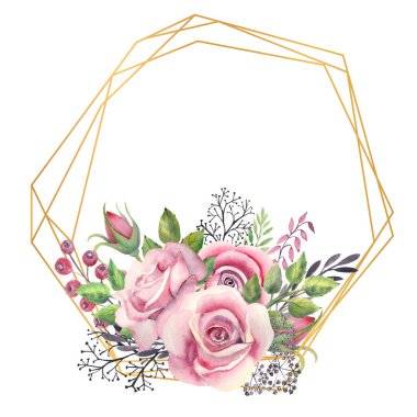 Pembe güller, yeşil yapraklar, altın renkli geometrik çerçeveli böğürtlenler. Çiçekli düğün konsepti. Tebrik kartları veya davetiyelerin dekorasyonu için suluboya kompozisyonları.