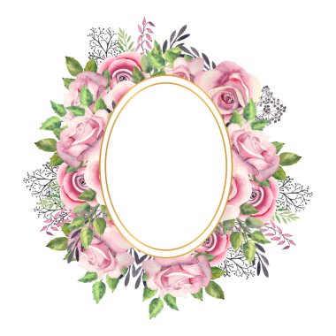 Pembe güller, yeşil yapraklar, altın renkli geometrik çerçeveli böğürtlenler. Çiçekli düğün konsepti. Tebrik kartları veya davetiyelerin dekorasyonu için suluboya kompozisyonları.