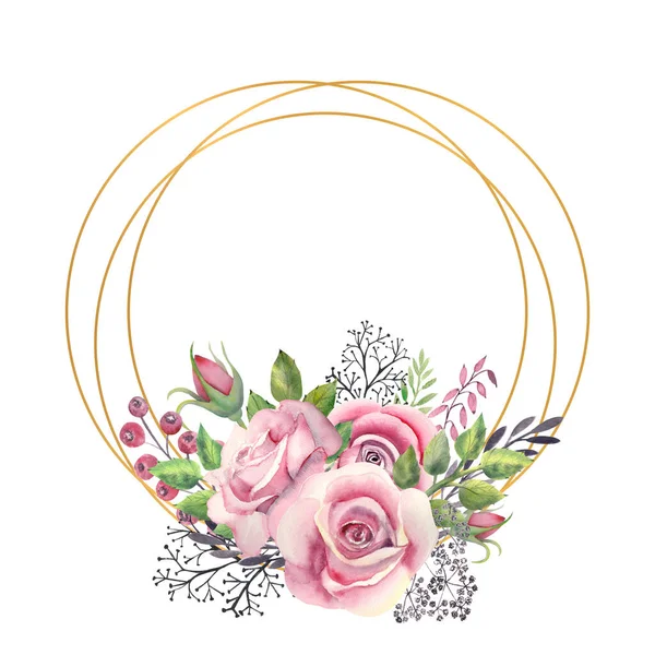 粉色玫瑰花 金黄色几何框架的浆果 结婚的概念与花 用于装饰贺卡或邀请函的水彩画 — 图库照片