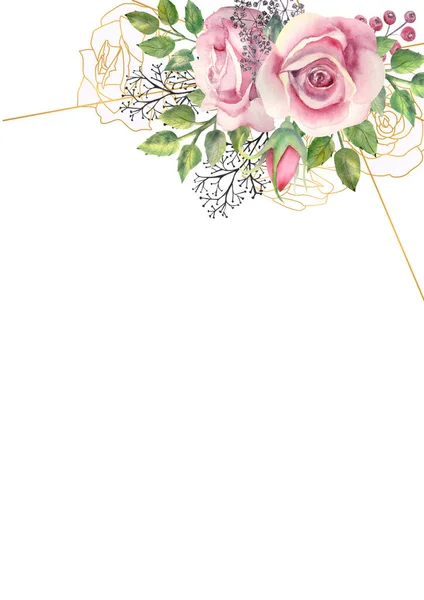 Pink Rose Flowers Green Leaves Berries Gold Geometric Frame Wedding — Stock Photo, Image