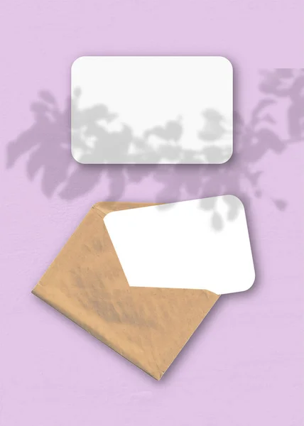 ピンクの背景に2枚の質感のある白い紙が入った封筒 植物の影とモックアップオーバーレイ 自然光はエキゾチックな植物から影を投げかけます 垂直方向 — ストック写真