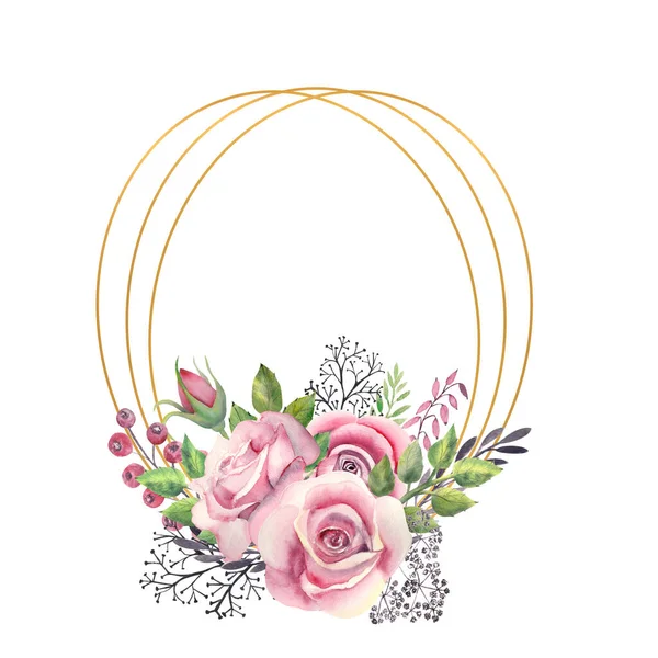 粉色玫瑰花 金黄色几何框架的浆果 结婚的概念与花 用于装饰贺卡或邀请函的水彩画 — 图库照片
