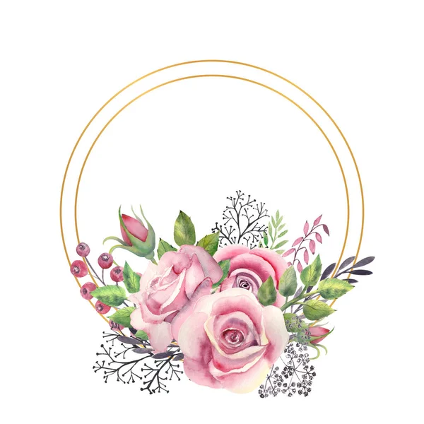 Rosafarbene Blüten Grüne Blätter Beeren Einem Goldenen Geometrischen Rahmen Hochzeitskonzept — Stockfoto