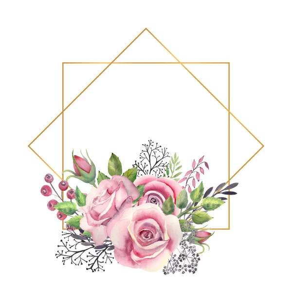 Roze Rozenbloemen Groene Bladeren Bessen Een Gouden Geometrische Lijst Bruiloft — Stockfoto