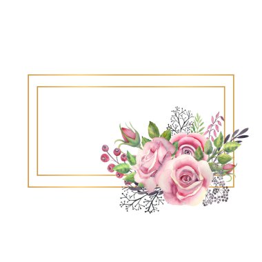 Pembe güller, yeşil yapraklar, altın renkli geometrik çerçeveli böğürtlenler. Çiçekli düğün konsepti. Tebrik kartları veya davetiyelerin dekorasyonu için suluboya kompozisyonları.