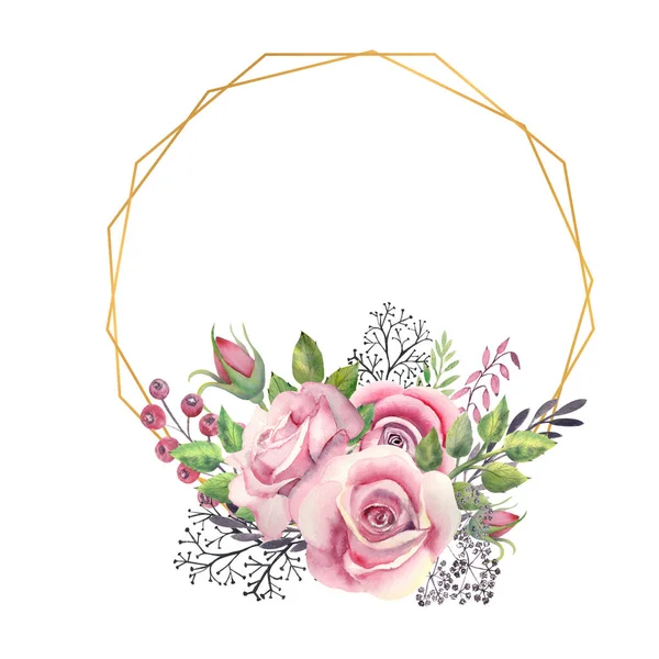 Рожеві Троянди Зелене Листя Ягоди Золотій Геометричній Рамці Весільна Концепція — стокове фото