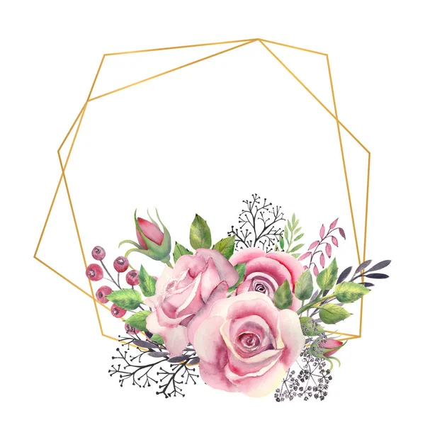 Pink Rose Flowers Green Leaves Berries Gold Geometric Frame Wedding — Stock Photo, Image