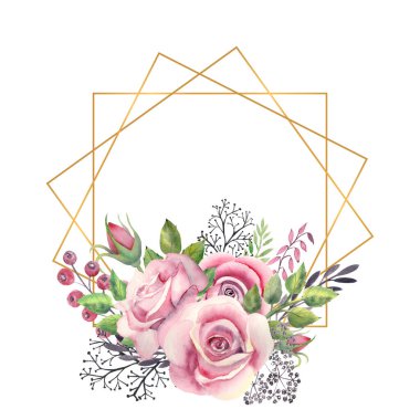 Pembe güller, yeşil yapraklar, altın renkli geometrik çerçeveli böğürtlenler. Çiçekli düğün konsepti. Tebrik kartları veya davetiyelerin dekorasyonu için suluboya kompozisyonları.