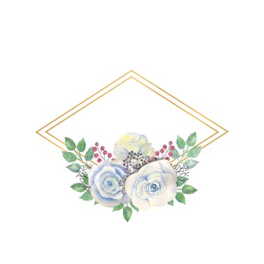 Mavi gül çiçekleri, yeşil yapraklar, altın çerçeveli böğürtlenler. Çiçekli düğün konsepti. Tebrik kartları veya davetiyelerin dekorasyonu için suluboya kompozisyonları.