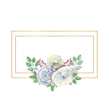 Mavi güller, yeşil yapraklar, altın geometrik dikdörtgen çerçeveli böğürtlenler. Çiçekli düğün konsepti. Tebrik kartları veya davetiyelerin dekorasyonu için suluboya kompozisyonları.