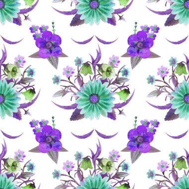 Beyaz arka planda yaprakları ve kır çiçekleri olan kusursuz bir desen. Duvar kağıdı ya da kumaş için çiçek deseni. Suluboya çizimi.