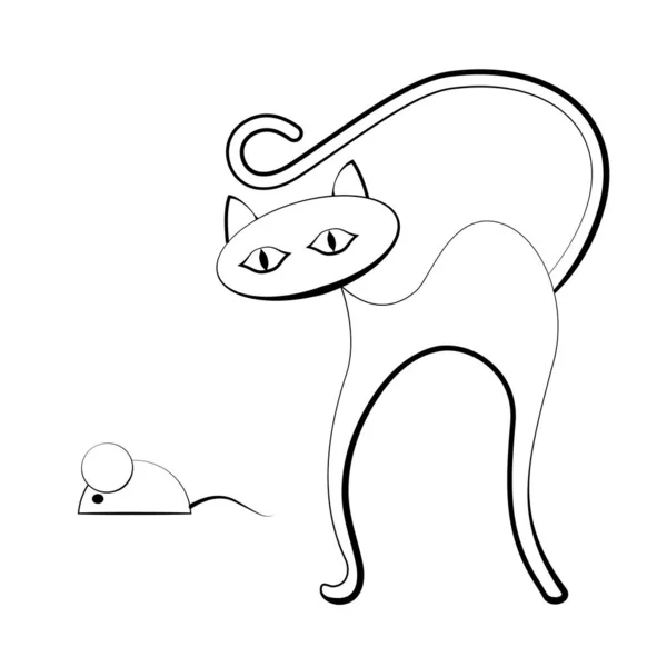 Kočka Myš Profilu Černobílý Obrys Bílém Izolovaném Pozadí Vektorová Ilustrace — Stockový vektor