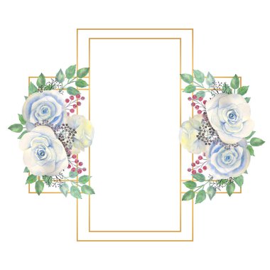 Mavi gül çiçekleri, yeşil yapraklar, altın dikdörtgen çerçeveli böğürtlenler. Çiçekli düğün konsepti. Tebrik kartları veya davetiyelerin dekorasyonu için suluboya kompozisyonları