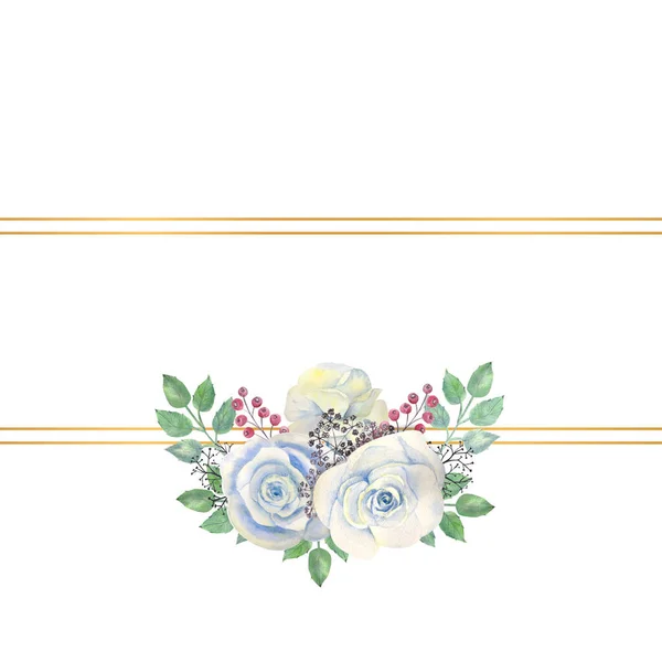 파란 꽃들, 녹색 잎들, 황금색 기하학적 틀에 있는 열매들. 꽃과 결혼에 대한 개념. 인사장이나 초대장의 장식을 위한 수채화 — 스톡 사진