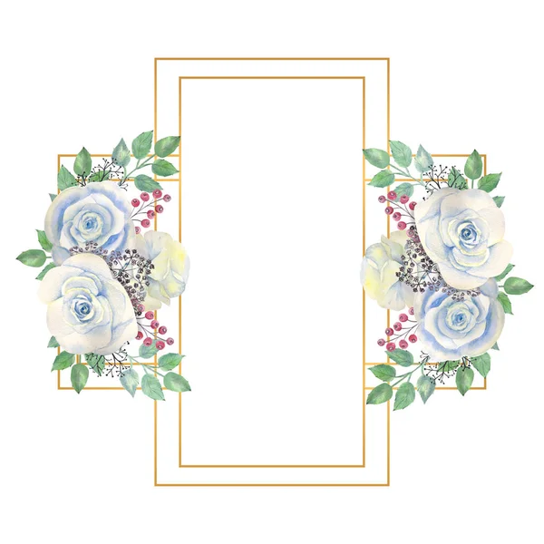 蓝色的玫瑰花，绿色的叶子，金黄色的长方形框架的浆果。结婚的概念与花。用于装饰贺卡或邀请函的水彩画 — 图库照片