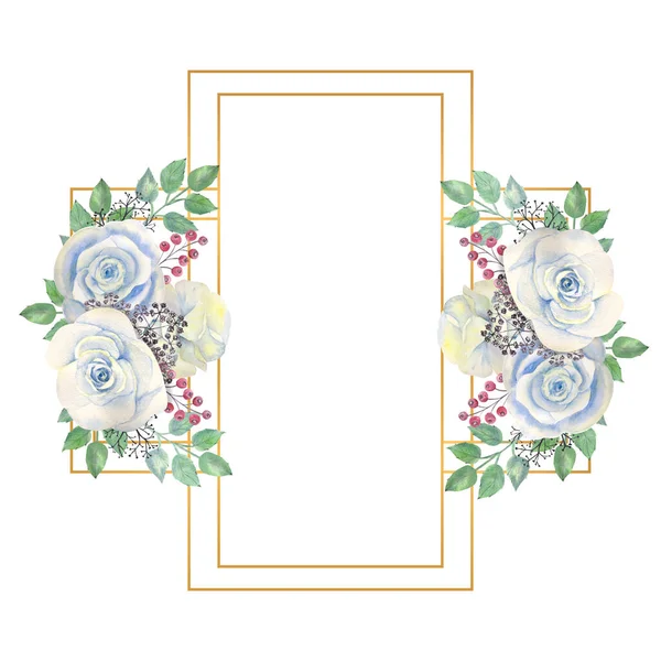 Blue rose flowers, green leaves, berries in a gold rectangular frame. Wedding concept with flowers. Watercolor compositions for the decoration of greeting cards or invitations