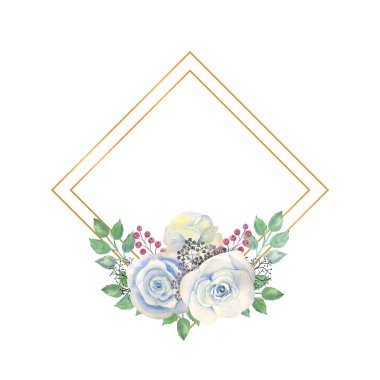 Mavi gül çiçekleri, yeşil yapraklar, altın çerçeveli böğürtlenler. Çiçekli düğün konsepti. Tebrik kartları veya davetiyelerin dekorasyonu için suluboya kompozisyonları