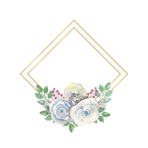 Niebieskie kwiaty róży, zielone liście, jagody w złotej ramce w kształcie diamentu. Koncepcja ślubna z kwiatami. Kompozycje akwarelowe do dekoracji kartek okolicznościowych lub zaproszeń — Zdjęcie stockowe