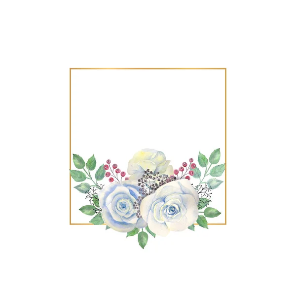 蓝色的玫瑰花,绿色的叶子,金黄色的正方形框架中的浆果.结婚的概念与花。用于装饰贺卡或邀请函的水彩画 — 图库照片