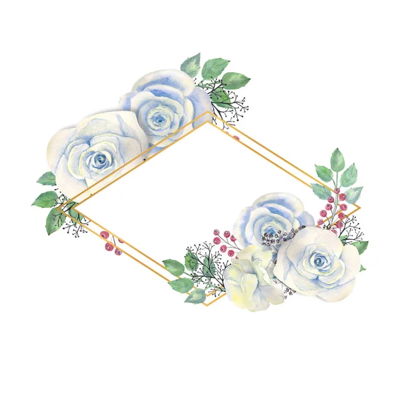 Blaue Rosenblüten, grüne Blätter, Beeren in einem goldenen geometrischen Rahmen. Hochzeitskonzept mit Blumen. Aquarellkompositionen zur Dekoration von Grußkarten oder Einladungen — Stockfoto