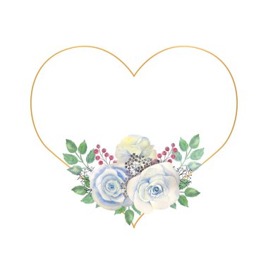 Mavi güller, yeşil yapraklar, altın renkli geometrik çerçeveli böğürtlenler. Çiçekli düğün konsepti. Tebrik kartları veya davetiyelerin dekorasyonu için suluboya kompozisyonları