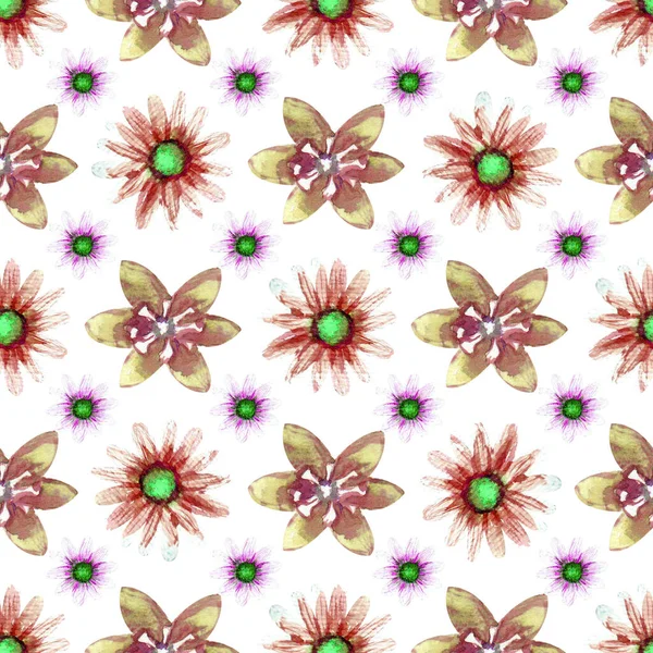 Bezproblémový vzor s divokými květy na bílém pozadí. Květinový vzor pro Tapety nebo tkaniny. Ilustrace akvarelů. Prvek designu obalů, pozvánky, pohlednice atd. — Stock fotografie
