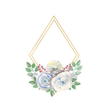 Mavi gül çiçekleri, yeşil yapraklar, altın çerçeveli böğürtlenler. Çiçekli düğün konsepti. Tebrik kartları veya davetiyelerin dekorasyonu için suluboya kompozisyonları