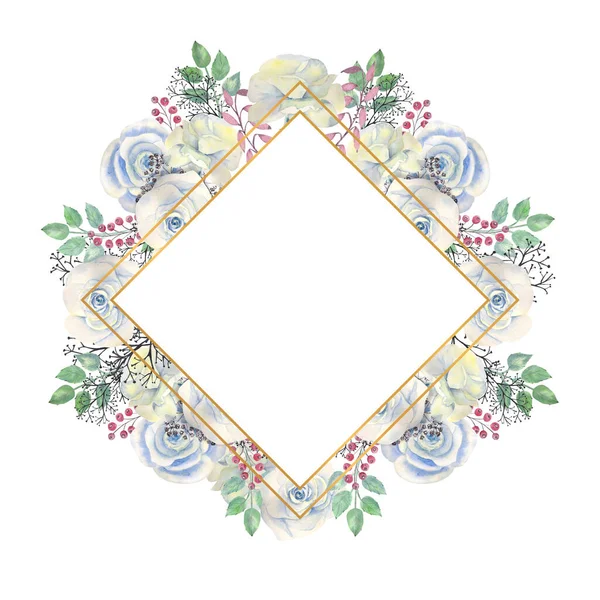 Blue rose flowers, green leaves, berries in a gold geometric frame. Wedding concept with flowers. Watercolor compositions for the decoration of greeting cards or invitations.