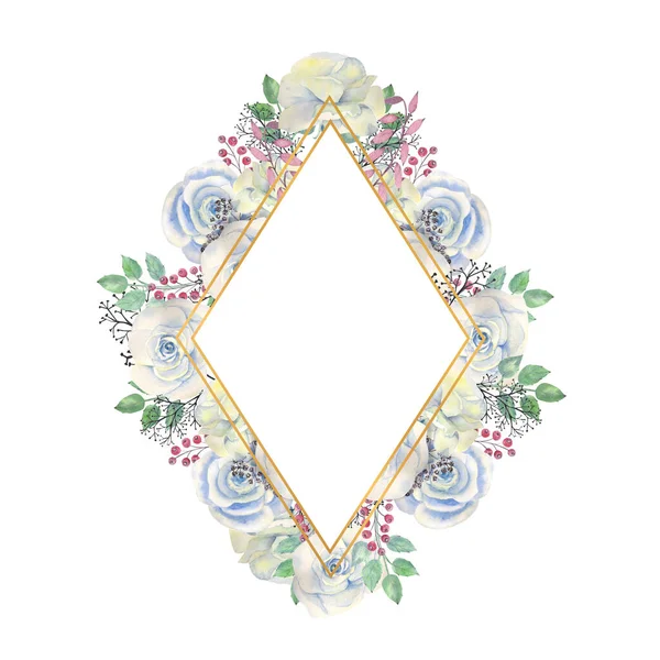 蓝色玫瑰花 金黄色菱形框架的浆果 结婚的概念与花 用于装饰贺卡或邀请函的水彩画 — 图库照片