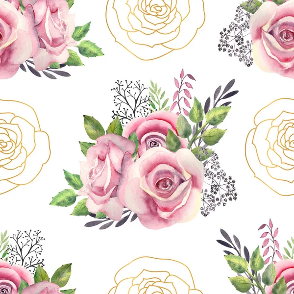 Seamless Pattern Pink Rose Flower Green Leaves Red Berries Decorative — Stock Photo, Image