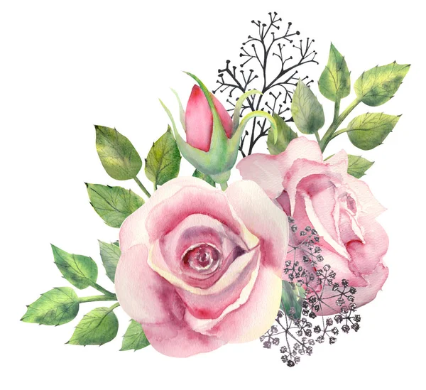 Bir buket pembe gül çiçeği, yeşil yapraklar, kırmızı böğürtlen, beyaz izole arkaplanda dekoratif dallar. Çiçek posteri, davetiye. Tebrik kartları veya davetler için suluboya kompozisyonu.